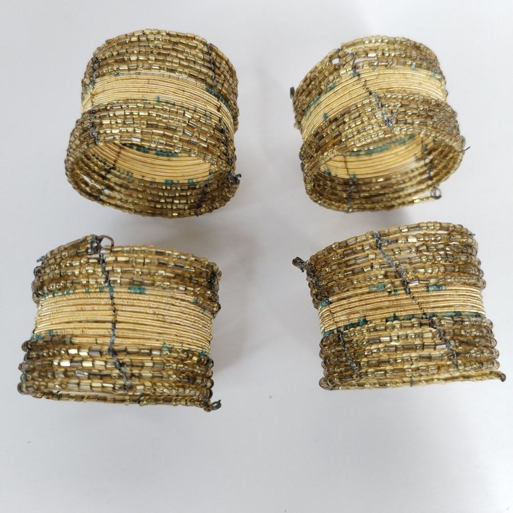 Pier One Set Of 4 Beaded Napkin Rings Beautiful Green‎ And Gold Metal Beads